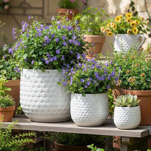 Matte White Set of 3 Mixed Size Outdoor Ceramic Plant Pots Stylish Ceramic Planters for Indoor Outdoor Use