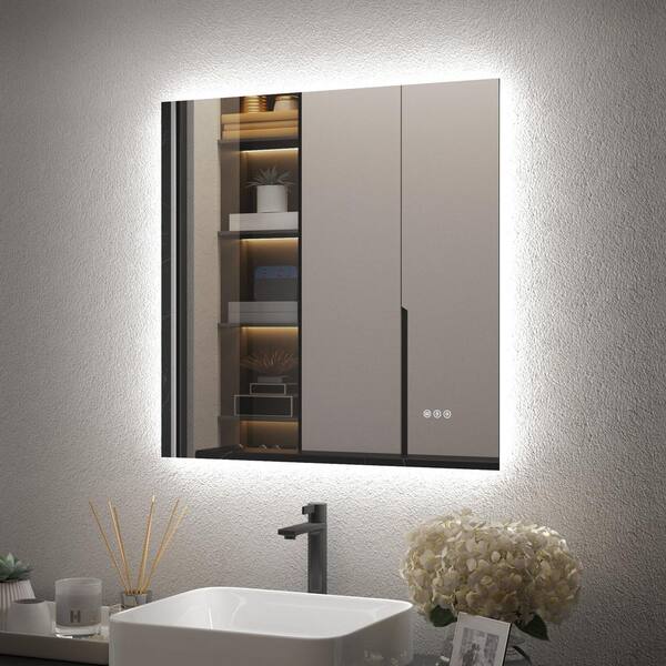 30 in. W x 30 in. H LED Lighted Backlit Modern Square Frameless Anti-Fog Tempered Glass Wall Bathroom Vanity Mirror