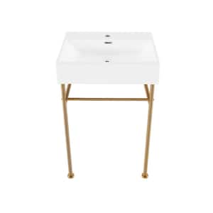 Claire 24 in. Ceramic White Brushed Gold Console Sink Basin with Legs