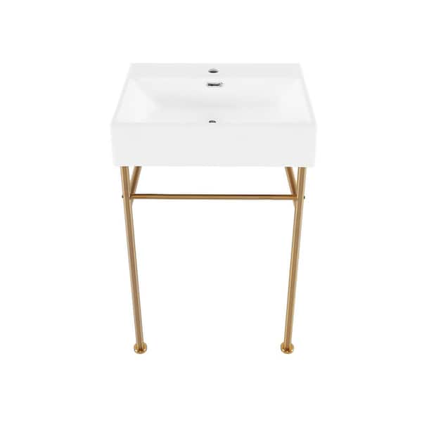 Swiss Madison Claire 24 in. Ceramic White Brushed Gold Console Sink Basin with Legs