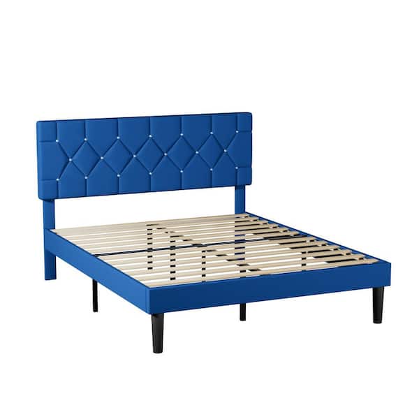 VECELO Upholstered Bed, Blue Metal Frame Full Platform Bed with Wood Slat Support, No Box Spring Needed Bed Frame