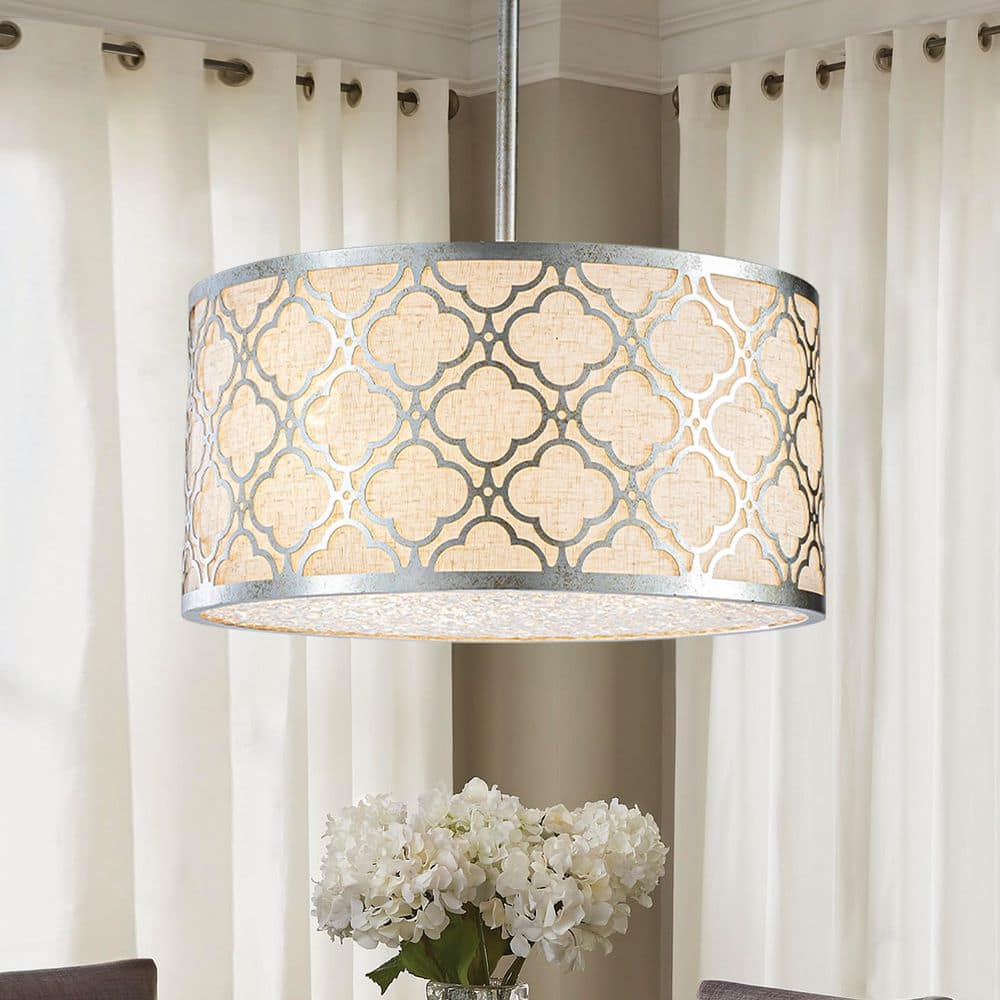 Modern 3-Light 16 in. Antique Silver Classic Drum Chandelier with Linen Sha