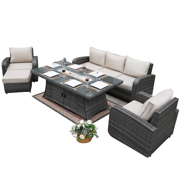moda furnishings Garden Gary 5-Piece Wicker Patio Fire Pit Conversation Sofa Set with Beige Cushions