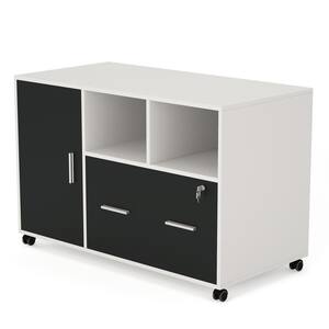 Atencio White File Cabinet with Lock and Drawer, Modern Mobile Lateral Filing Cabinet Printer Stand