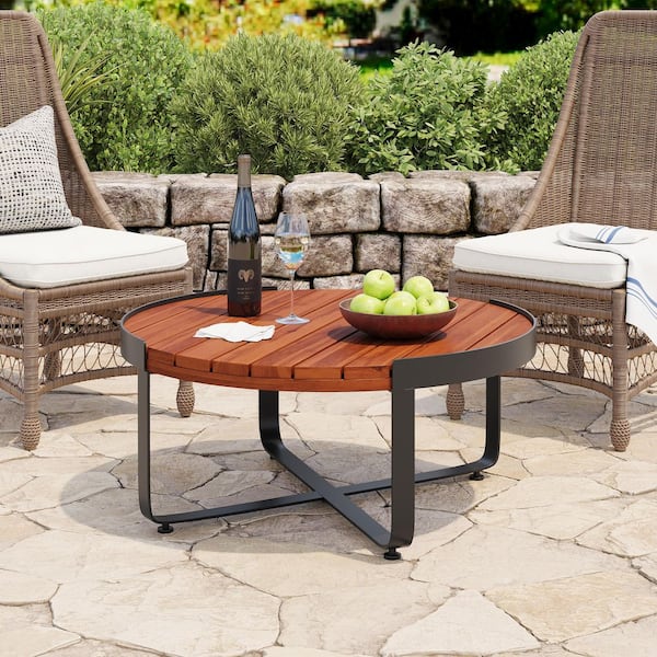 Emerson Round Acacia Wood Outdoor Patio Coffee Table, Metal Legs, Mahogany Plus Black