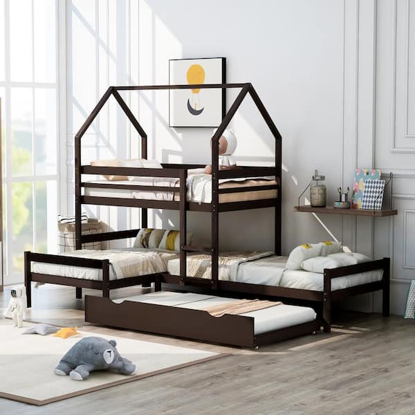 Espresso L Shaped Twin Wooden House, Diy L Shaped Triple Bunk Bed