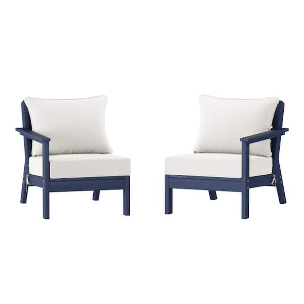 WESTIN OUTDOOR Birchwood Navy Blue Arrangeable Outdoor Patio 2-Piece Deep Seating HDPE Loveseat Arm Chair Set with White Cushions