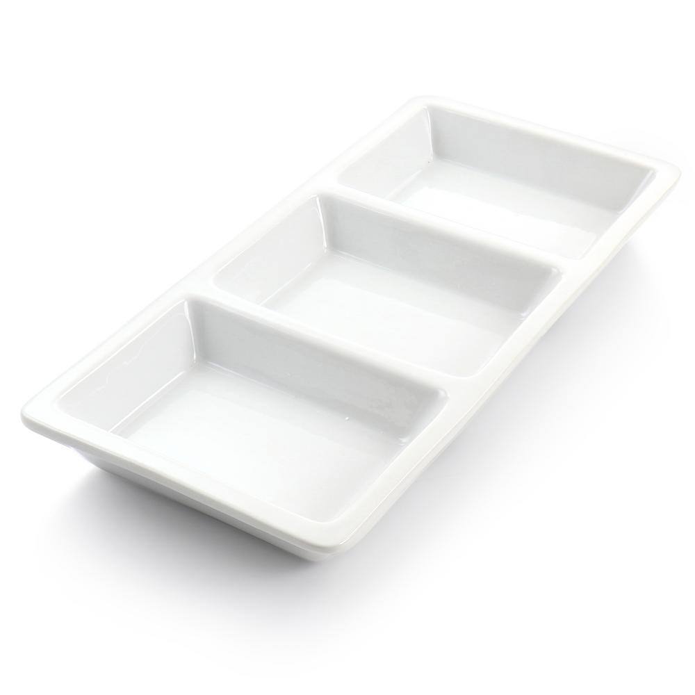 Modern White Porcelain 3-Section Rectangular Serving Tray with Metal Rack