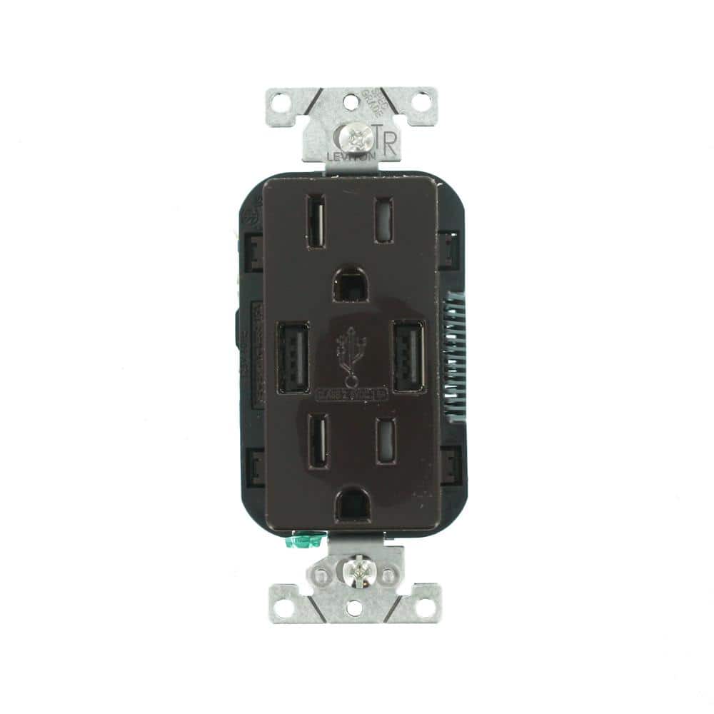 Brown 15A Duplex Receptacle with 2-Port USB Charger