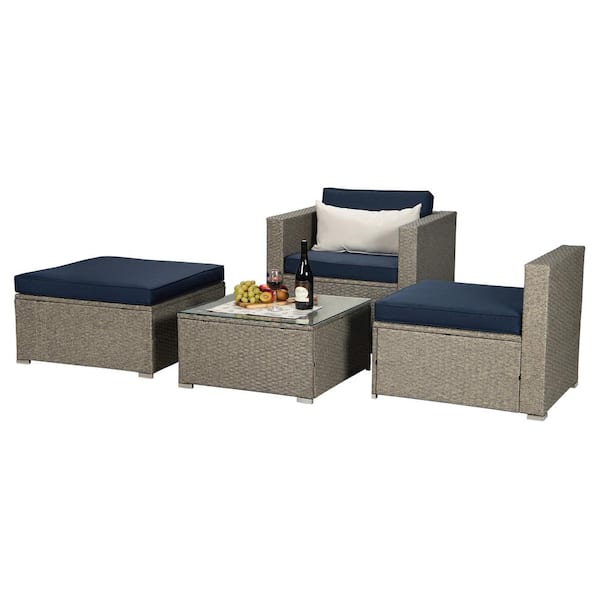 URTR Gray 4-Piece PE Rattan Wicker Patio Furniture Outdoor Conversation Set for Garden Sectional Sofa Set, Navy Blue Cushion