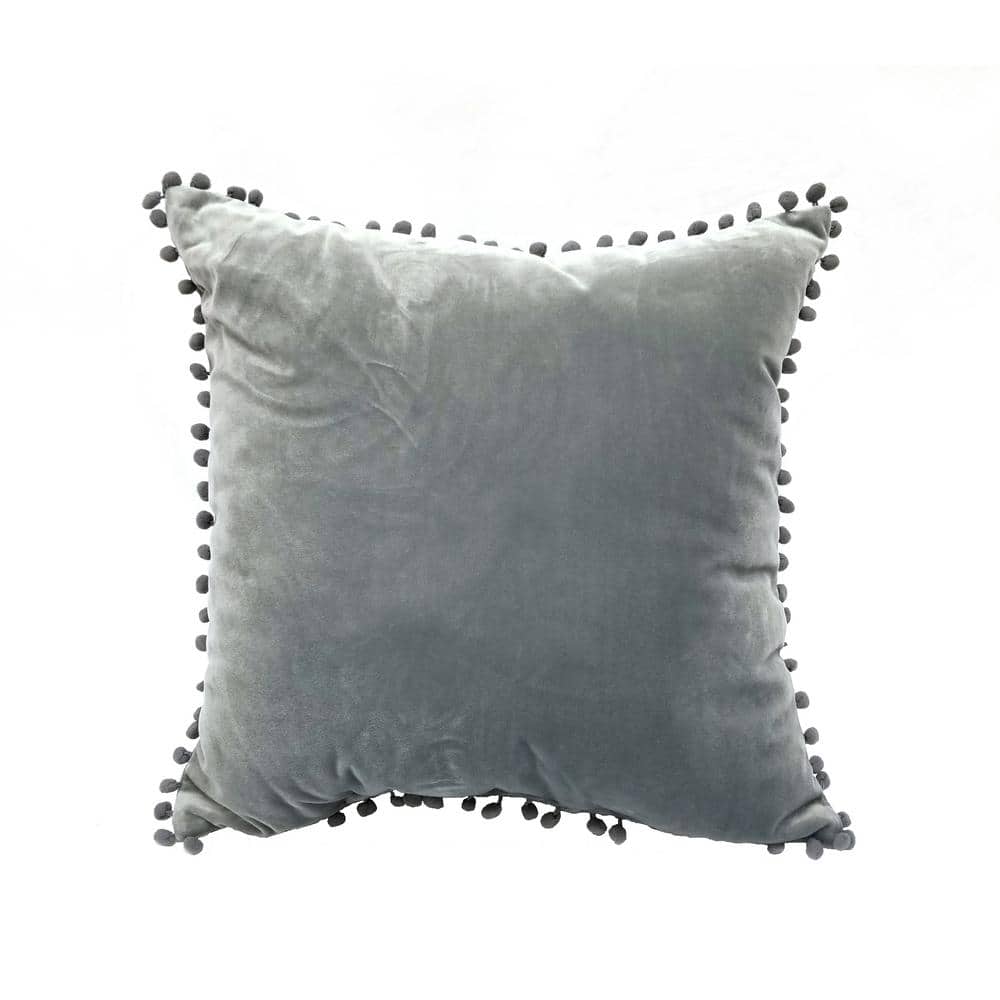 Gray Chenille Square Throw Pillow with Pom Poms