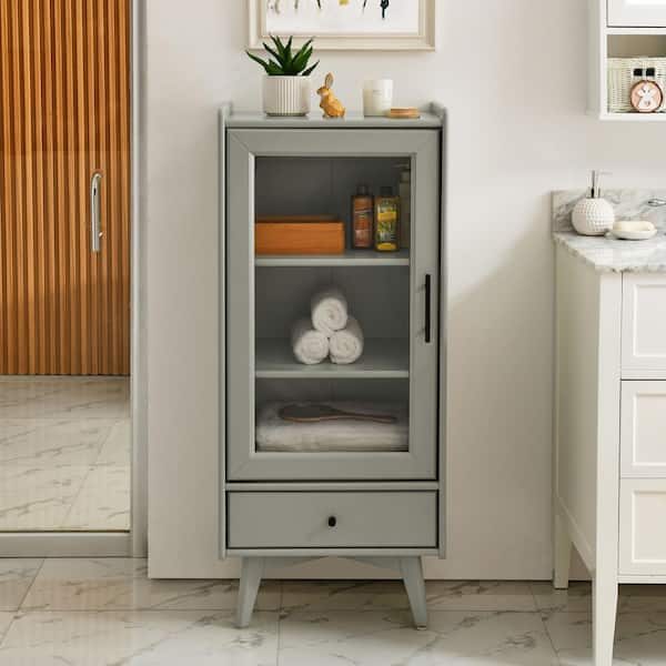 Zeus & Ruta 20 in. W x 14 in. D x 46 in. H Gray Linen Cabinet with Glass Door, Double Adjustable Shelves and 1-Drawer