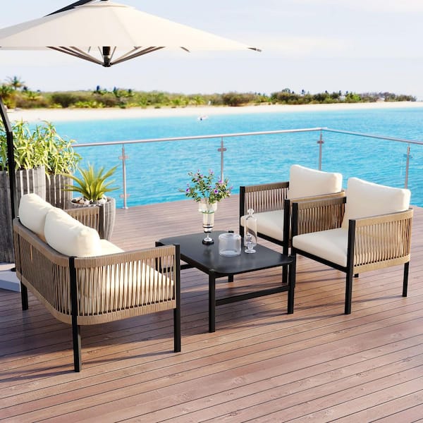 4 Piece Outdoor Garden Rattan Decorative Metal Sofa Set with Table and Beige Cushions