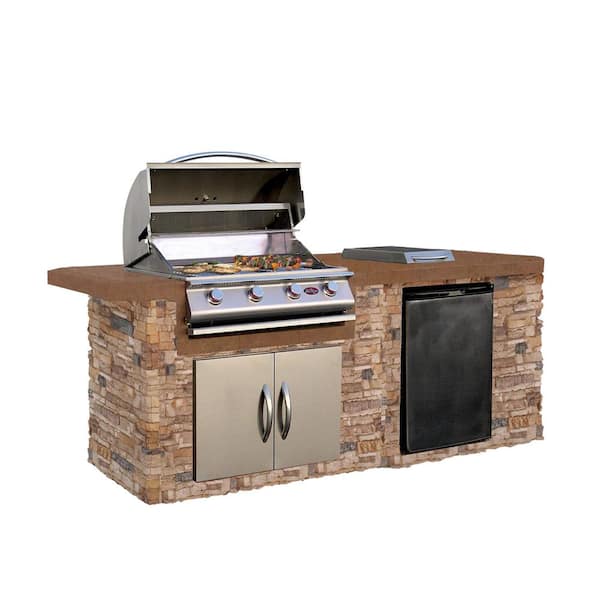 Cal Flame 7 ft. Stone Veneer Grill Island with Tile Top and 4-Burner Gas Grill in Stainless Steel