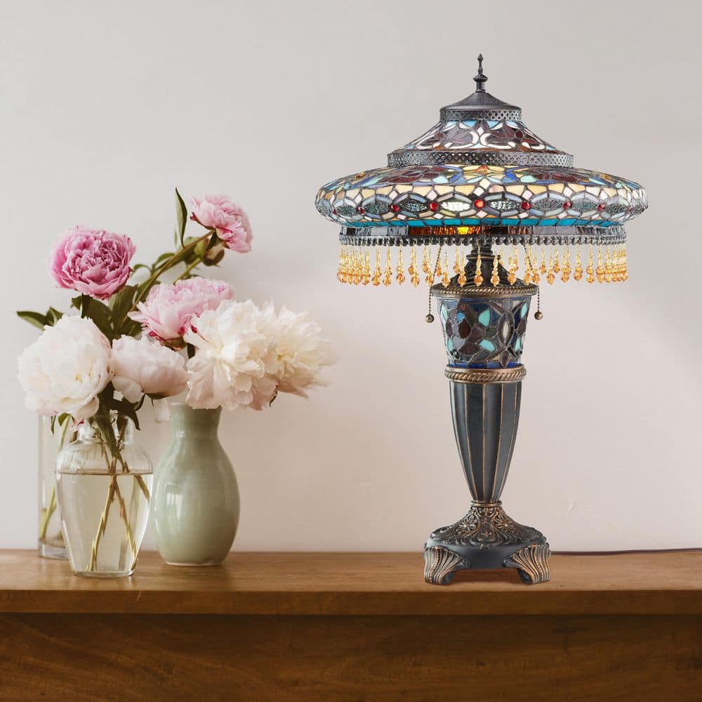 27.5 in. Multi-Colored Stained Glass Indoor Table Lamp with Parisian Shade and Lit Base price history on PriceWatchPro