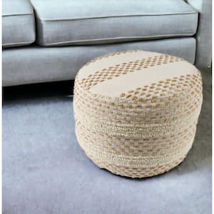 Ivory and Brown Fabric Round Accent Ottoman