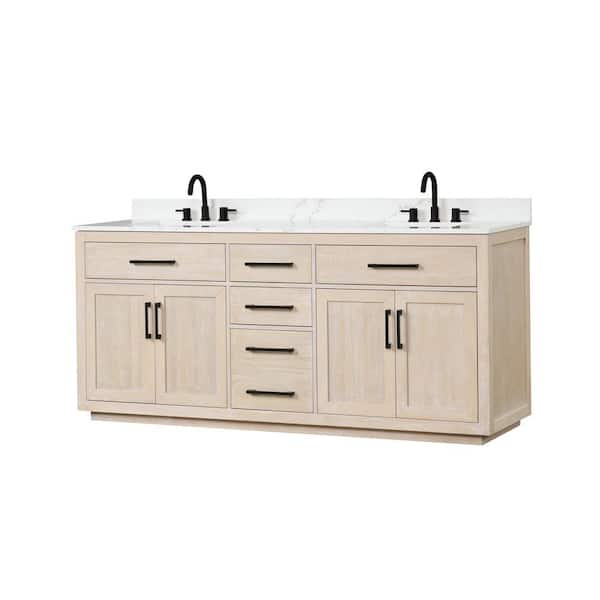FUNKOL 80 in. W. x 22 in. D x 36 in. H Double Sink Freestanding Bath Vanity in Light Oak with White Quartz Top