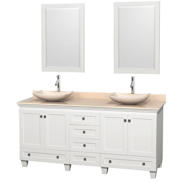 Wyndham Collection Acclaim 72 in. W Double Vanity in White with Marble Vanity Top in Ivory, Ivory Sinks and 2 Mirrors