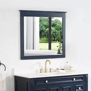 38 in. W x 33 in. H Rectangular Framed Wall Mounted Waterproof Solid Wood Bathroom Vanity Mirror in Navy Blue,Easy Hang