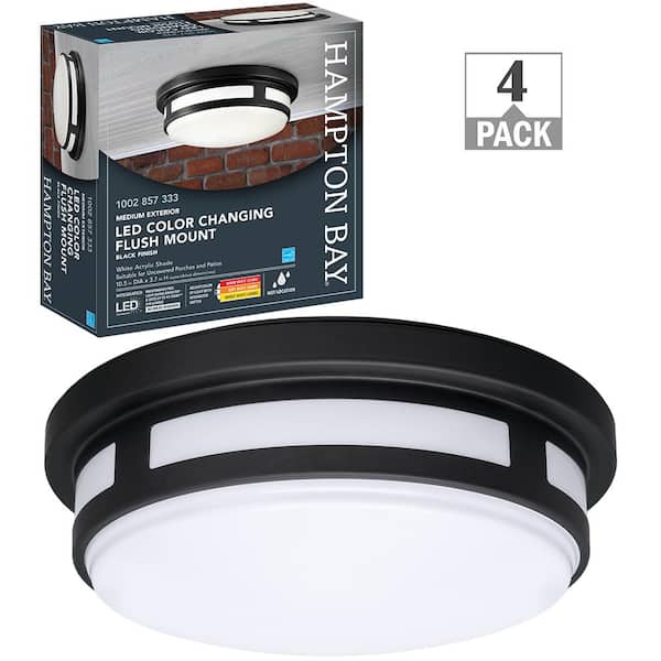 Hampton Bay 11 in. Round Black Indoor Outdoor LED Flush Mount Ceiling Light Adjustable CCT 830 Lumens Wet Rated (4-Pack)