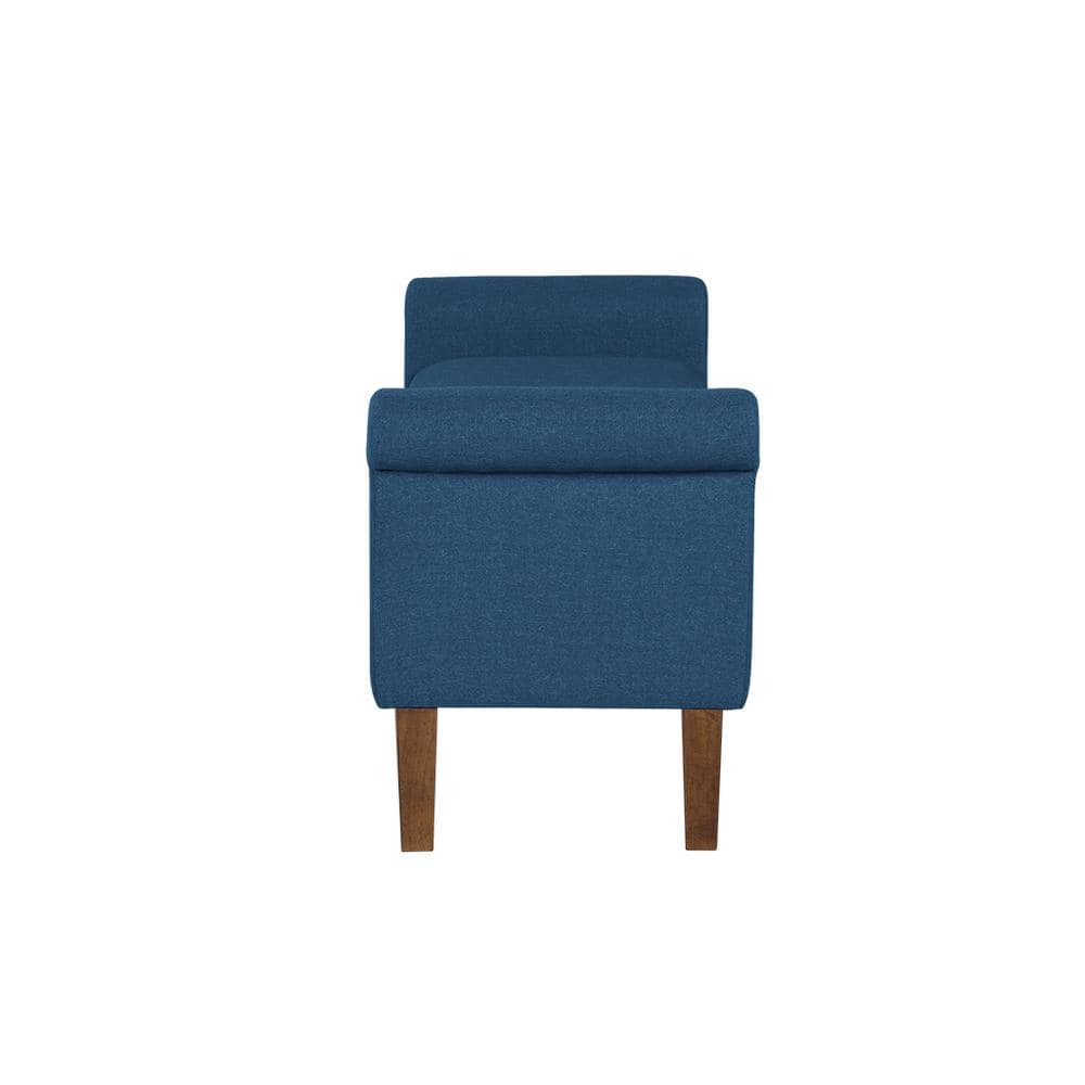 Aubrey Blue Upholstered Storage Bench with Walnut Wood Legs