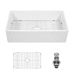 33 in. W x 20 in. D Farmhouse Apron Front Single Bowl White Ceramic Kitchen Sink with Bottom Grid
