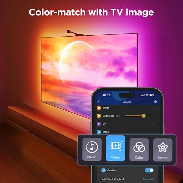 36-Watt 16.4 ft. Smart Plug-in Integrated LED Black Color Changing TV Back Strip Light for 75-85 in. TVs (1-Strip)