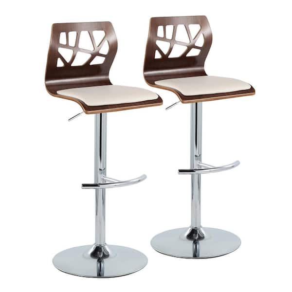 Folia 32.5 in. Cream Faux Leather, Walnut Wood and Chrome Metal Adjustable Bar Stool (Set of 2)