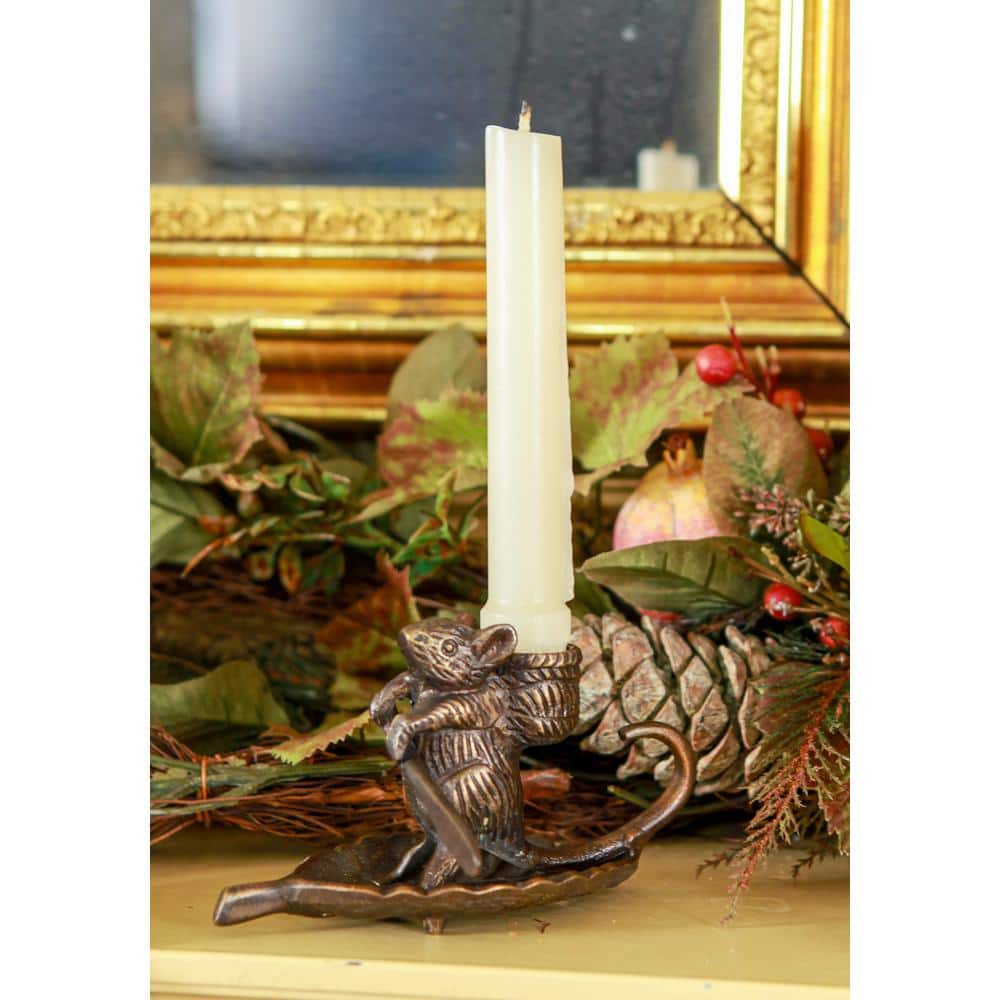 Antique Brass Mouse on Leaf Candle Holder