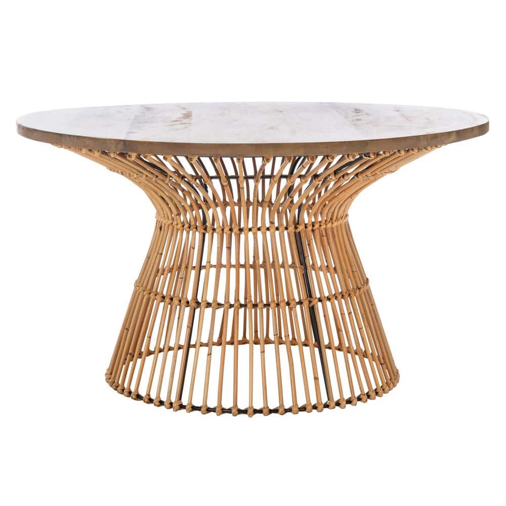Whent Natural Mango Wood and Black Rattan 34" Round Coffee Table