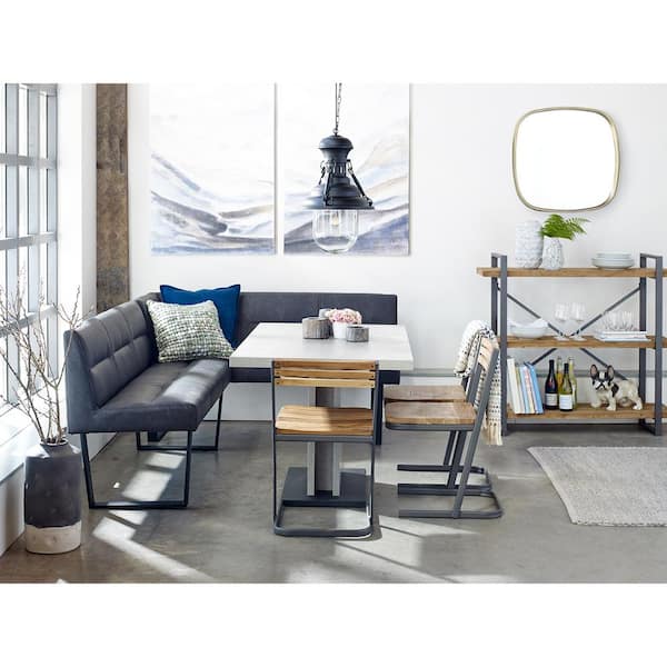 Drew Mid-Century Modern Dining Table, Light Grey Melamine over MDF Top, 29 in. Rectangle Iron Base Pedestal, Seats 4