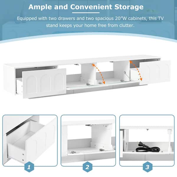 White TV Stand Fits TV's Up to 95 in. with Fluted tempered Glass Doors, Arched Cabinet Doors, APP-Controlled LED Light