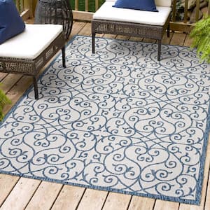 Madrid Vintage Filigree Textured Weave Blue/Cream 5 ft. x 8 ft. Indoor/Outdoor Area Rug