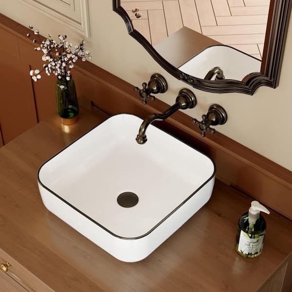Modern 15 in. Square Vessel Black Trim Design Bathroom Sink Above Counter in White Ceramic