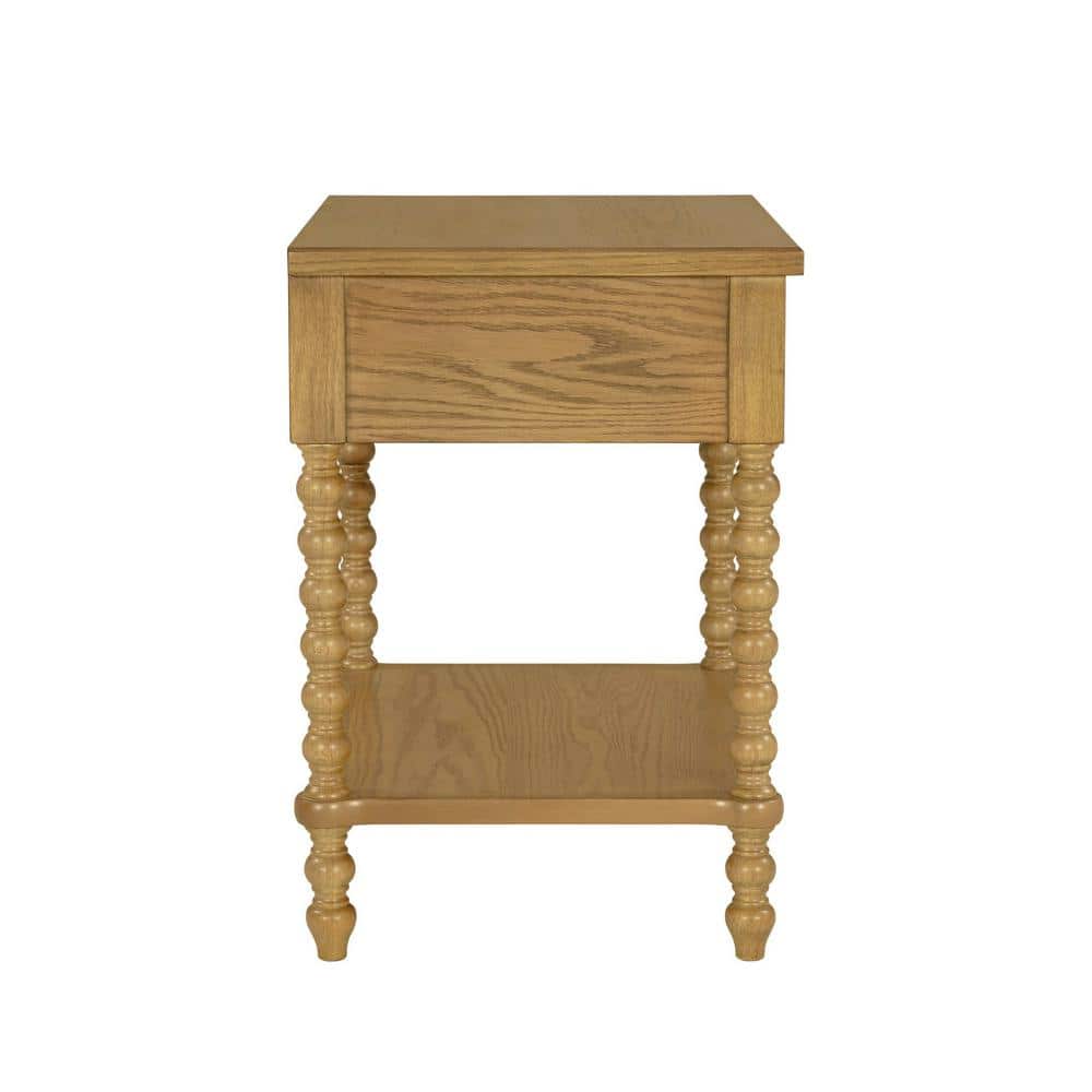 Natural Oak 1-Drawer Solid Wood Nightstand with Turned Legs