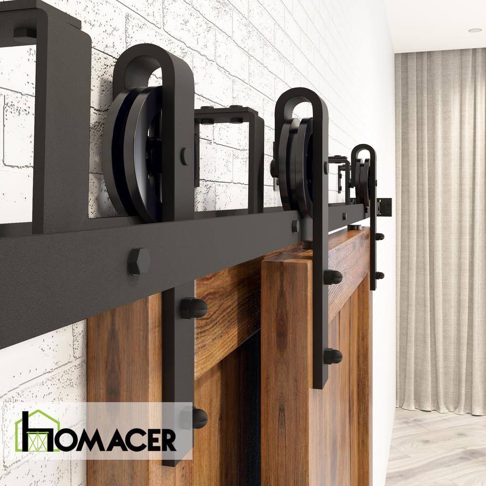 Black Rustic Double Track Bypass Sliding Barn Door Hardware Kit, 12ft