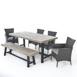 Linden Grey and Rustic Black 6-Piece Faux Rattan Outdoor Dining Set with Silver Cushions