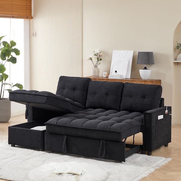 71.30 in. Chenille L-Shaped Reclining Sectional Sofa in Black, Pull-Out Sofa Bed with Hidden Storage