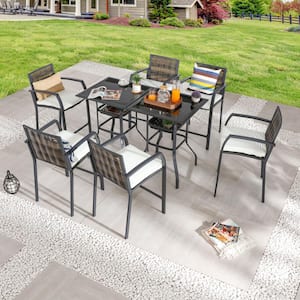 8-Piece Wicker Bar Height Outdoor Dining Set with Beige Cushions