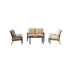 4-Piece Black Metal Outdoor Patio Conversation Set with Beige Cushion and Metal Dining Table