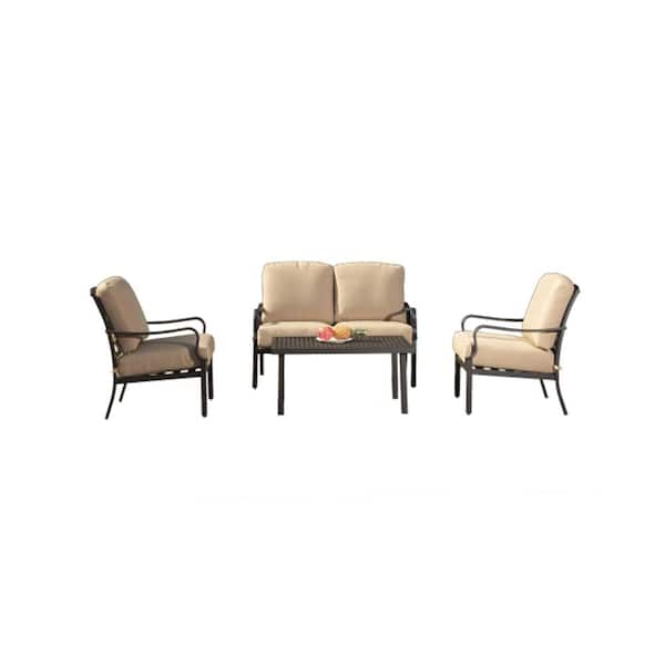 ITOPFOX 4-Piece Black Metal Outdoor Patio Conversation Set with Beige Cushion and Metal Dining Table