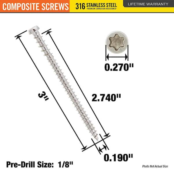 DECKMATE Marine Grade Stainless Steel #10 X 3 in. Composite Deck Screw 1lb (Approximately 71 Pieces)