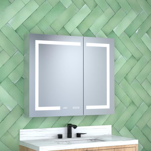 36 in. W x 30 in. H Rectangular Silver Aluminum Dimmable LED Light Recessed/Surface Medicine Cabinet with Mirror