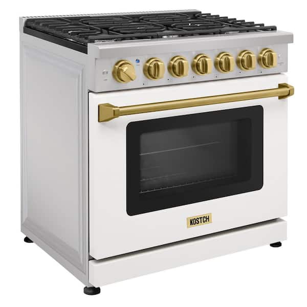 36 in. 6 Burners Freestanding Natural Gas Range with 6.0 cu. ft. Convection Oven in White with Bronze Handle