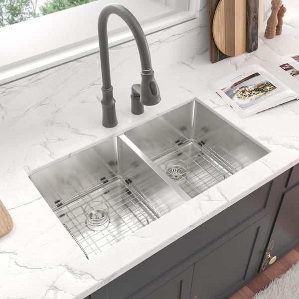 Serene Valley Stainless Steel 36 in. Double Bowl Drop-In or Undermount Kitchen Sink with Thin Divider, Silver