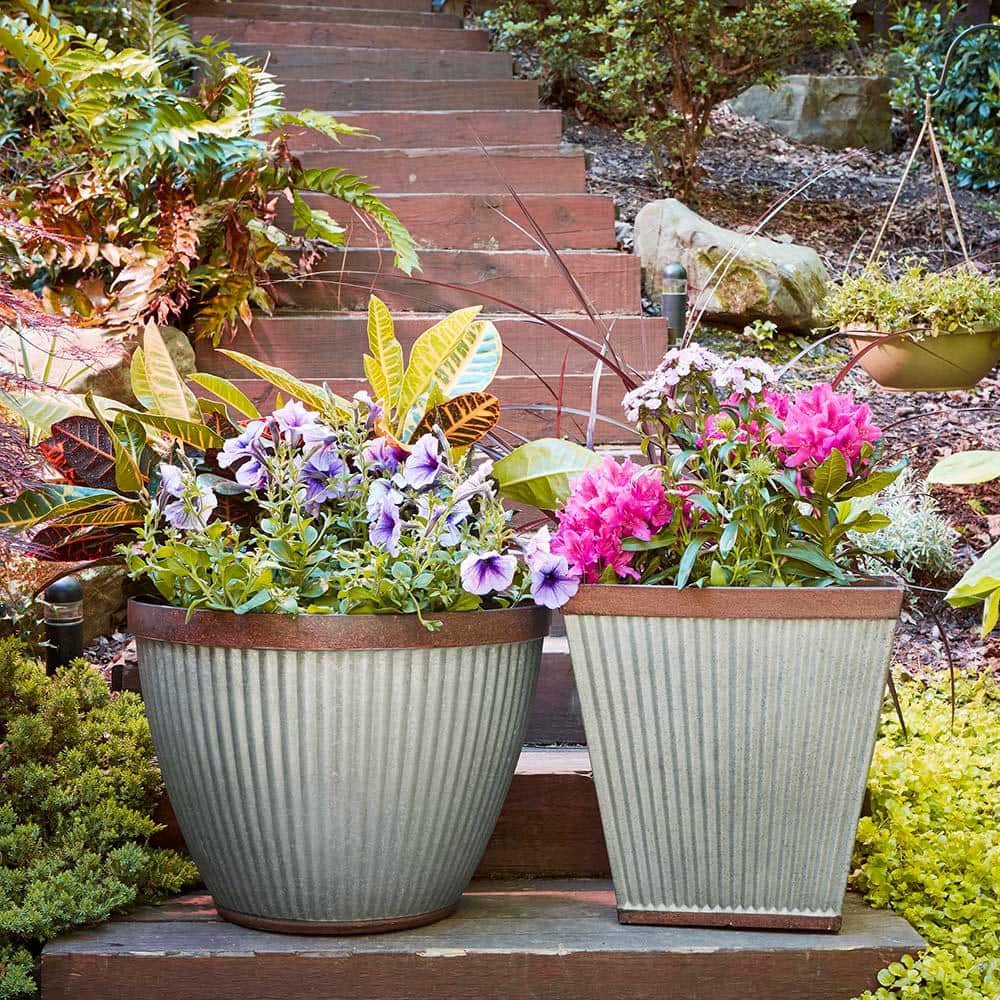 16" Rustic Galvanized Resin Square Planter