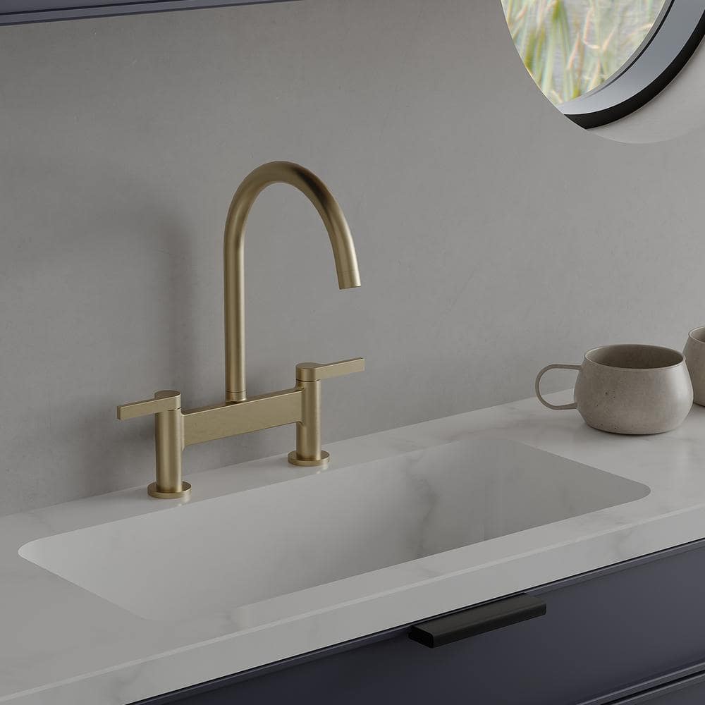 Brushed Gold Double Handle Bridge Kitchen Faucet