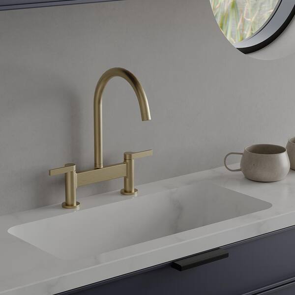 Modern Double-Handle 2-Hole Bridge Kitchen Faucet with 360° Swivel Spout in Brushed Gold