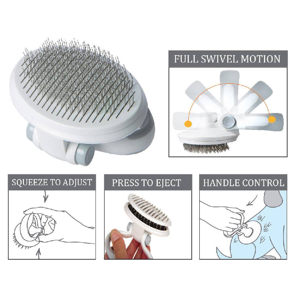 Compact White Self-Cleaning Swivel Pet Brush