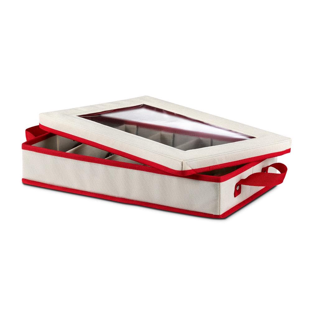 OSTO Holiday Dinnerware Storage Box with Lid; Plate Box Has Cardboard  Insert, Lid, Handgrips, Clear Window; Non-Woven Fabric Color Ivory and Red